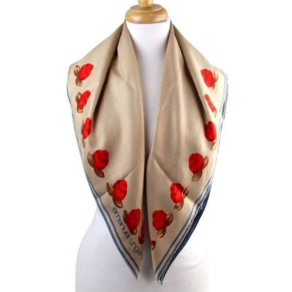 29.5"x30.5" Emanuel Ungaro BLUE BEIGE FLORAL PRINT SILK SCARF SHAWL WRAP (G89 - Picture 5 of 11